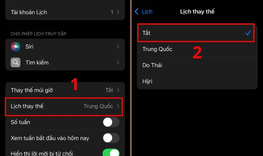 Nhấn vào mục Lịch thay thế rồi chọn Tắt