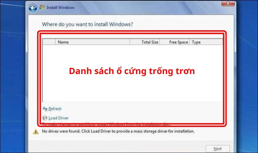 Danh sách ổ cứng trống trơn kèm thông báo lỗi từ hệ thống