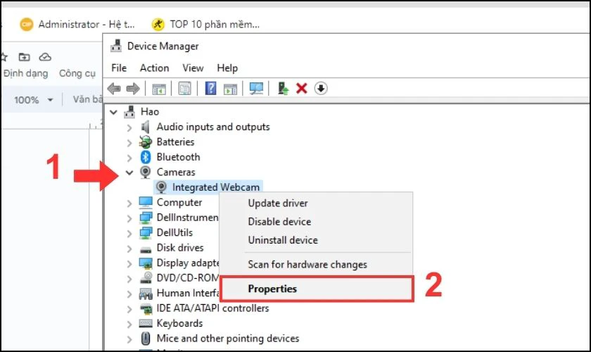 Nhấp chuột phải vào Integrated Webcam, chọn Properties