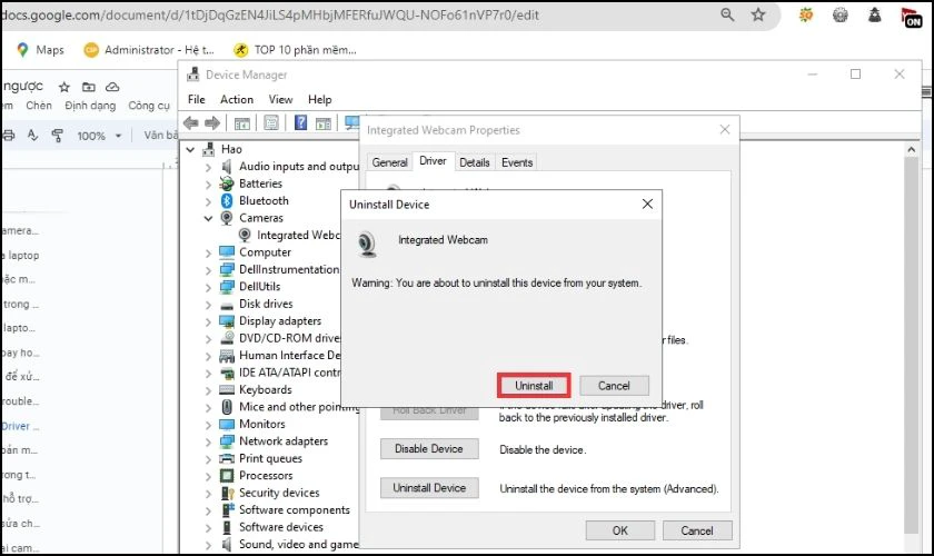Xác nhận xóa Driver Webcam bằng cách nhấn vào Uninstall