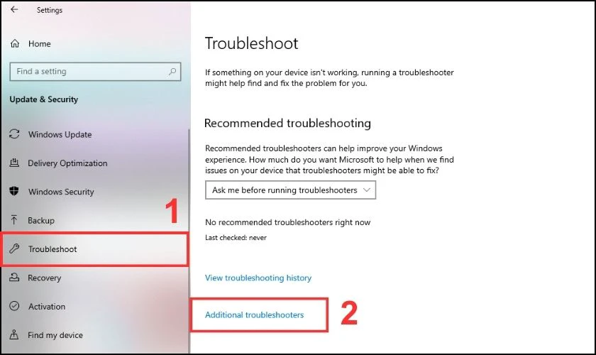 Chọn tab Troubleshoot và vào phần Additional Troubleshooter