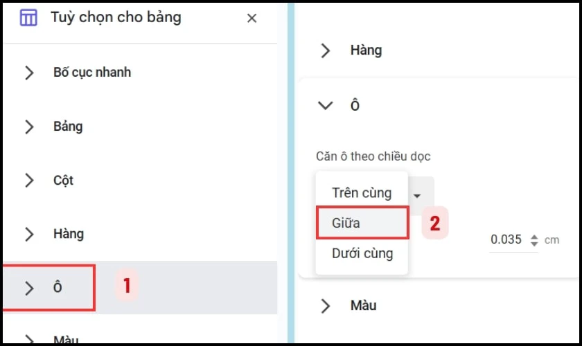 Chọn Căn chỉnh ô theo chiều dọc và chọn Giữa để căn giữa ô theo chiều dọc