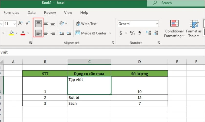 Click chuột vào định dạng mà bạn muốn căn lề trong Excel