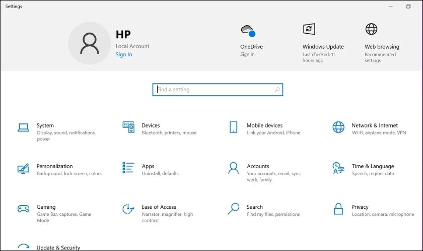 Nhấn tổ hợp phím Windows + I để khởi chạy ứng dụng Settings