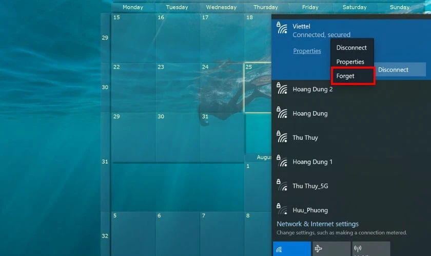 Bấm chuột phải vào mạng kết nối và chọn Forget