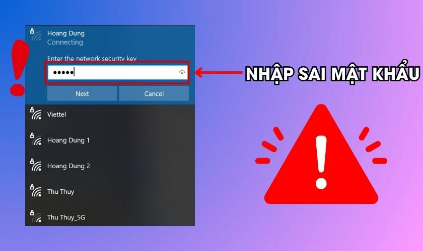 Nhập sai mật khẩu Wi-Fi