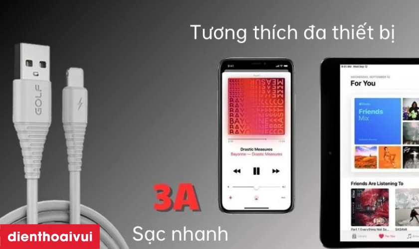 Điểm nổi bật của cáp Golf Lightning Sạc Nhanh 3A GC-64 Dài 1M