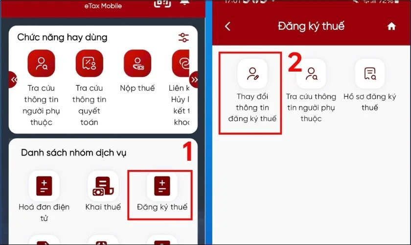 Chọn Thay đổi th&ocirc;ng tin trong mục Đăng k&yacute; thuế