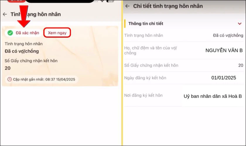 Màn hình sẽ hiển thị những thông tin quan trọng về tình trạng hôn nhân
