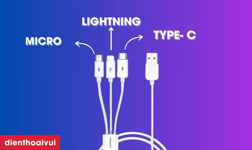 Cáp sạc PISEN Mr White 3in1 sở hữu thiết kế đa năng với 3 cổng sạc