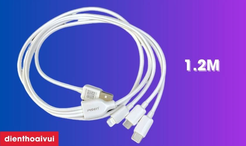 Cáp Pisen Mr White 3-in-1 sở hữu chiều dài ấn tượng lên đến 1.2m