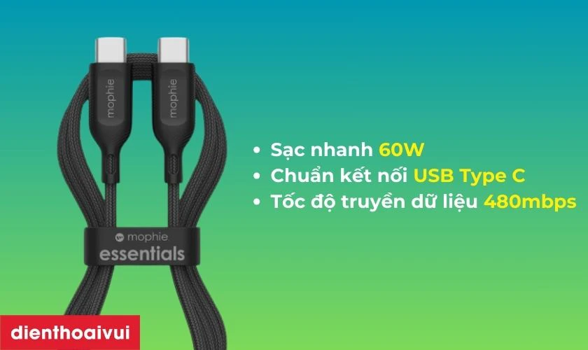 Điểm mạnh của cáp sạc Mophie Essential Type-C to Type-C 60W 2M