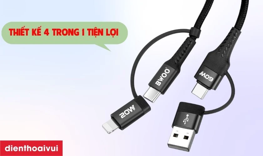 Cáp sạc nhanh BWOO 4 IN 1 X212 dài 1M nổi bật với thiết kế 4 đầu sạc