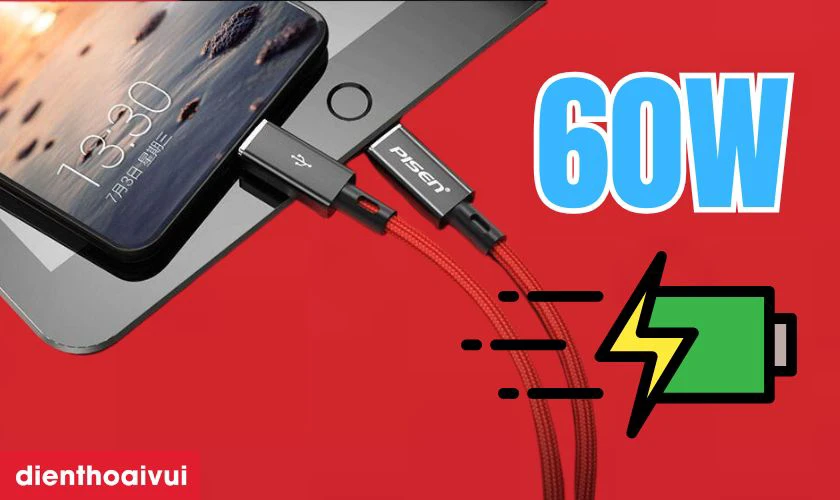 Cáp sạc nhanh Pisen Quick Platinum Type-C to Type-C 60W 1M có công suất sạc đến 60W