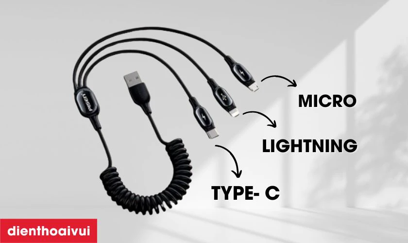 Đặc điểm của cáp sạc PISEN lò xo 3in1 (Lightning/Type-C/ Micro) 1.2M