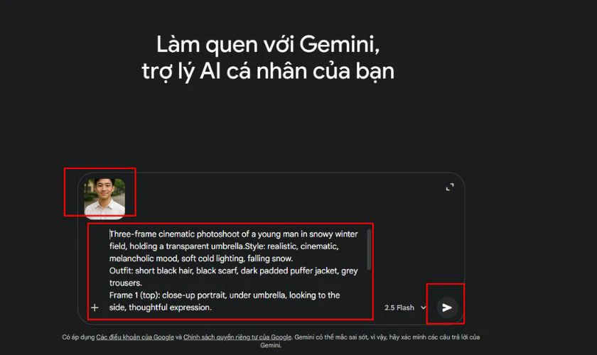 Tải ảnh lên và nhập câu lệnh tạo ghép ảnh tuyết rơi