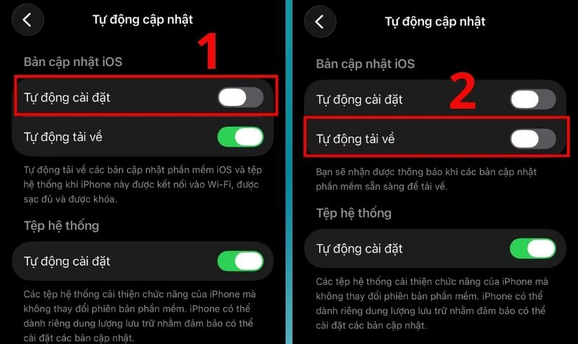 Tắt Tải về bản cập nhật iOS và Cài đặt bản cập nhật iOS sang phía bên trái