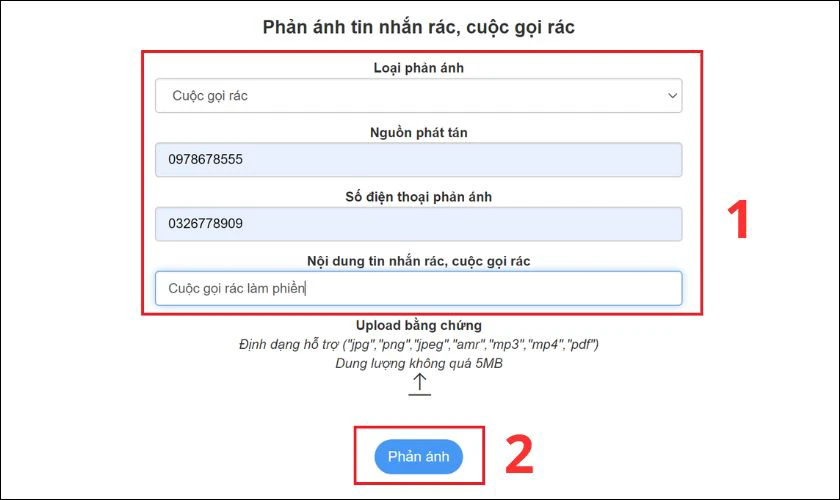 Sau khi điền xong bạn nhấn vào Phản ánh