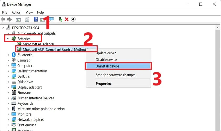 Vào Microsoft ACPI-Compliant Control Method Battery và nhấn Uninstall device