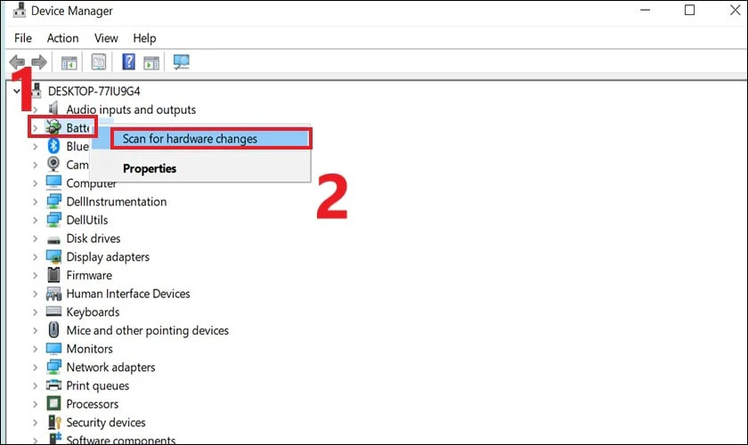 Click phải chuột tại Batteries rồi chọn Scan for hardware changes