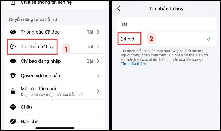 Thiết lập mốc thời gian xóa tin nhắn tự động