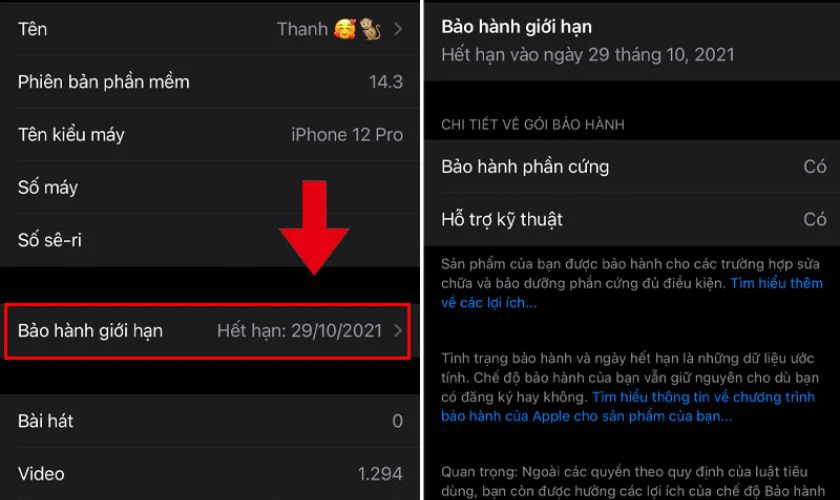 Tại đây, bạn lướt xuống mục Bảo hành giới hạn