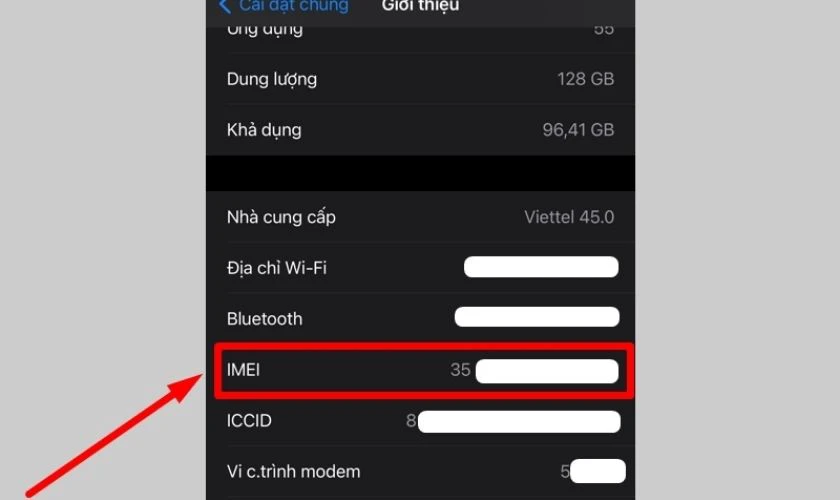 Kéo xuống sẽ thấy mục IMEI