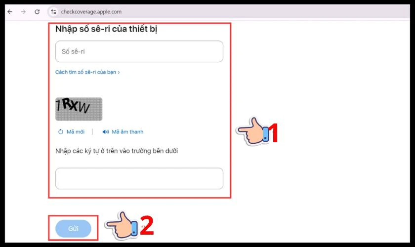 Đồng thời điền mã code theo gợi ý từ trang web và nhấn Gửi