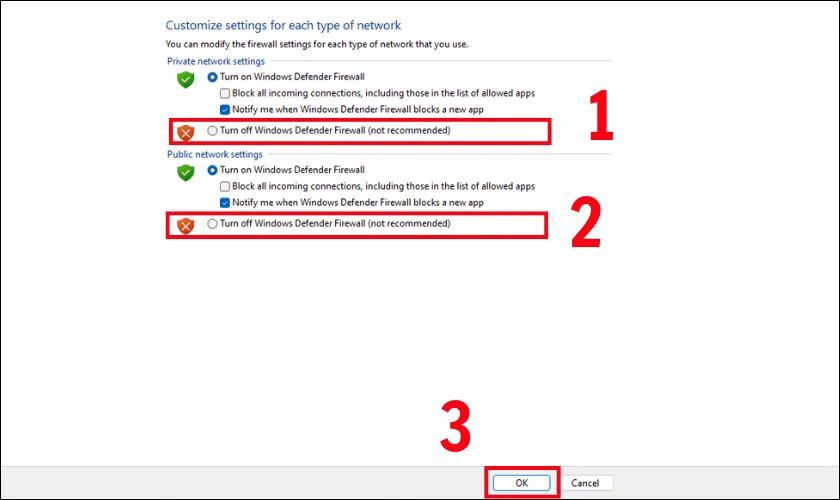 Tại đây, bạn hãy chọn Turn off Windows Defender Firewall (not recommended)