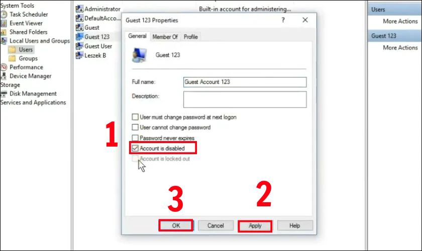 Bạn hãy nhấn đúp chuột vào tài khoản Guest, bỏ chọn ô Account is disabled