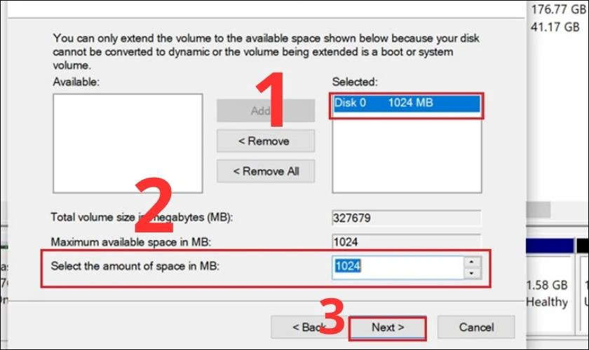 Nhập dung lượng bạn muốn gộp, nhấn chọn Next.