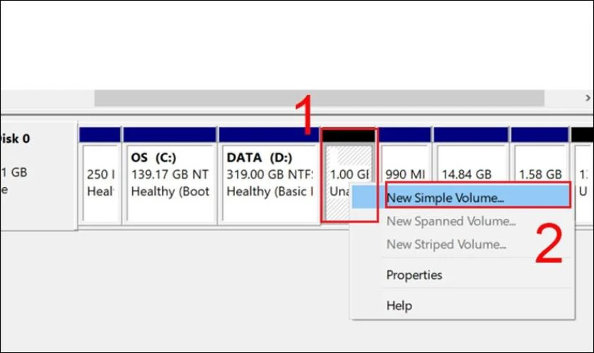 Nhấn chuột phải vào phân vùng này và chọn New Simple