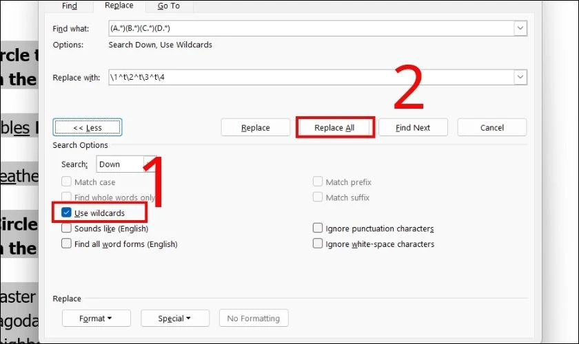 Chọn vào Use wildcards để Replace All