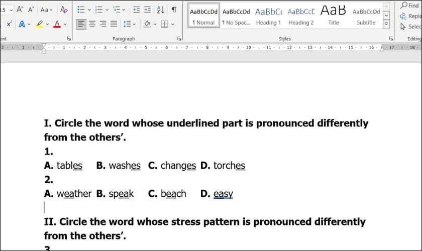 Kết quả khi thực hiện giãn khoảng cách giữa các đáp án trắc nghiệm trong Word 2010