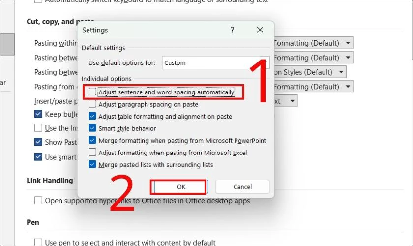 Bỏ tích Adjust sentence and word spacing automatically tại hộp thoại Settings