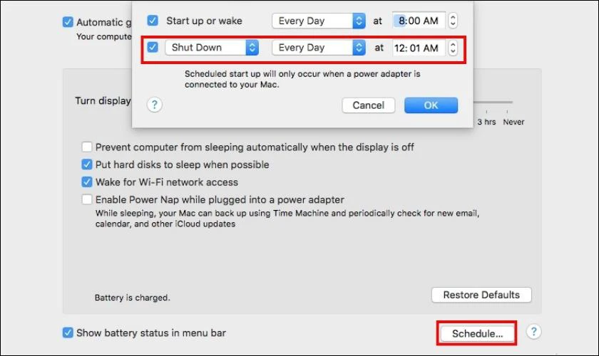 Truy cập Schedule và thiết lập thời gian tắt màn hình