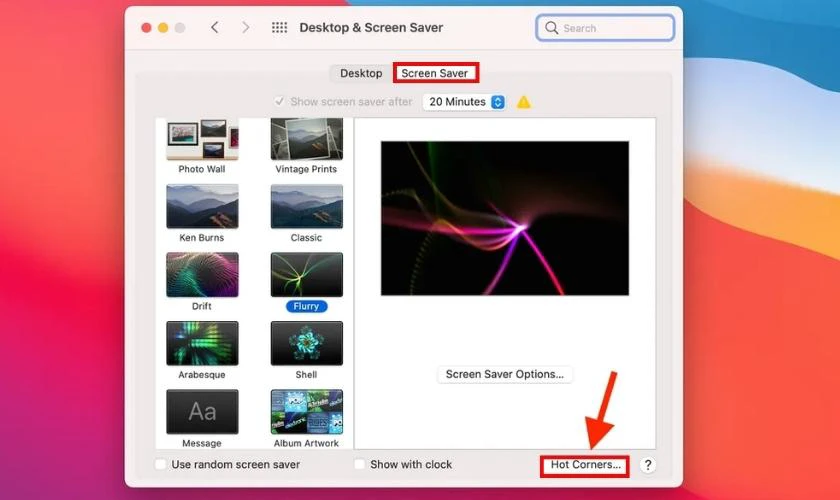 Tiếp theo, chuyển sang tab Screen Saver trong giao diện hiện tại