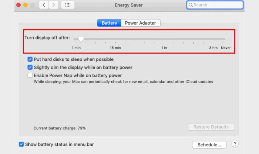 Tại đây, chọn tab Battery và kéo thanh trượt ở mục Turn display off after