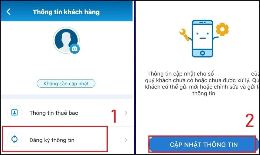 Chọn vào mục Đăng ký thông tin rồi nhấn Cập nhật thông tin