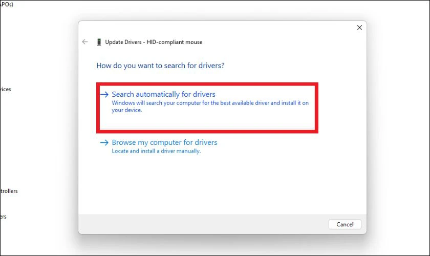 Chọn Search automatically for drivers và làm theo hướng dẫn cài đặt