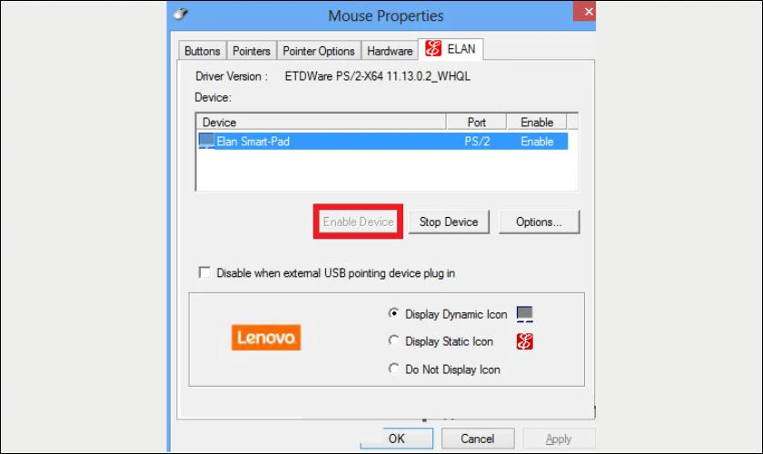 Kiểm tra và Enable Device nếu chưa bật rồi nhấn OK