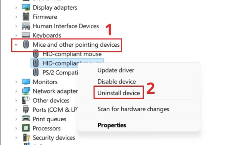 Tìm đến mục Mice and other pointing devices
