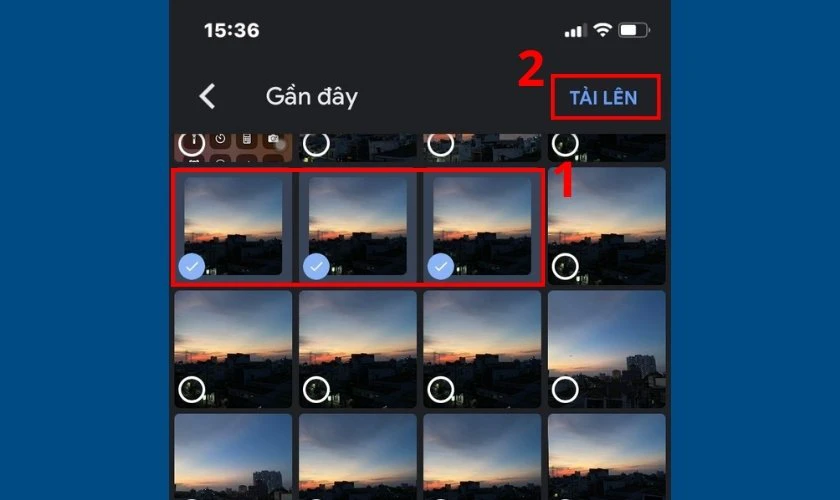 Chọn vào những bức ảnh bạn muốn tải lên Google Drive