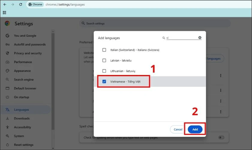 Tìm kiếm ngôn ngữ Tiếng Việt. Sau đó, chọn Add