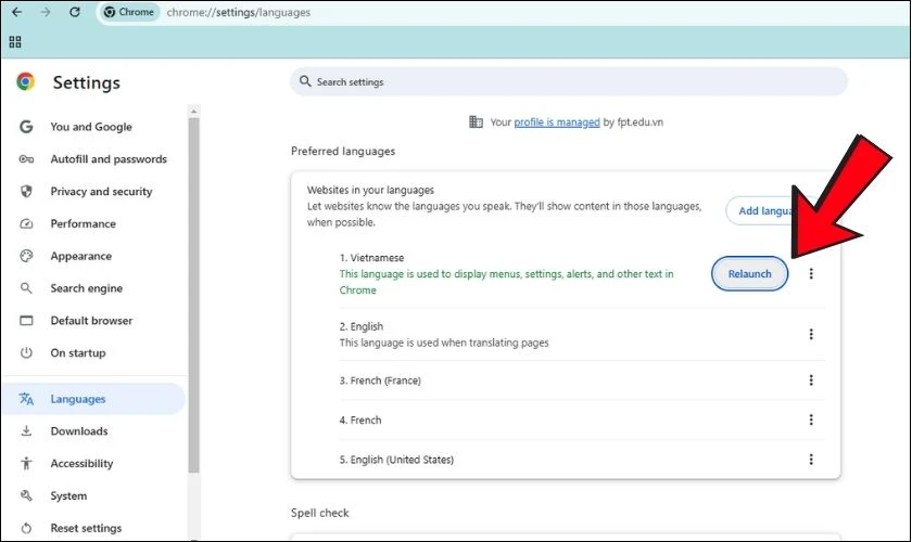 Nhấn vào Relaunch để Chrome khởi động lại với giao diện tiếng Việt