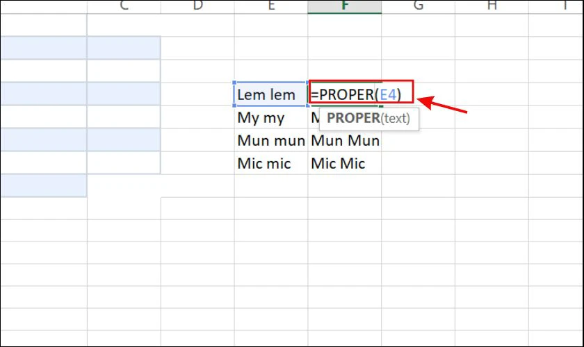 Sử dụng hàm PROPER để viết hoa chữ cái đầu tiên