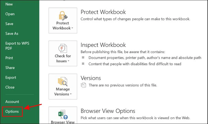 Mở ứng dụng Excel, chọn tab File rồi chọn Options