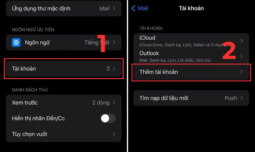 Chọn mục Tài khoản, kế tiếp chọn Thêm tài khoản