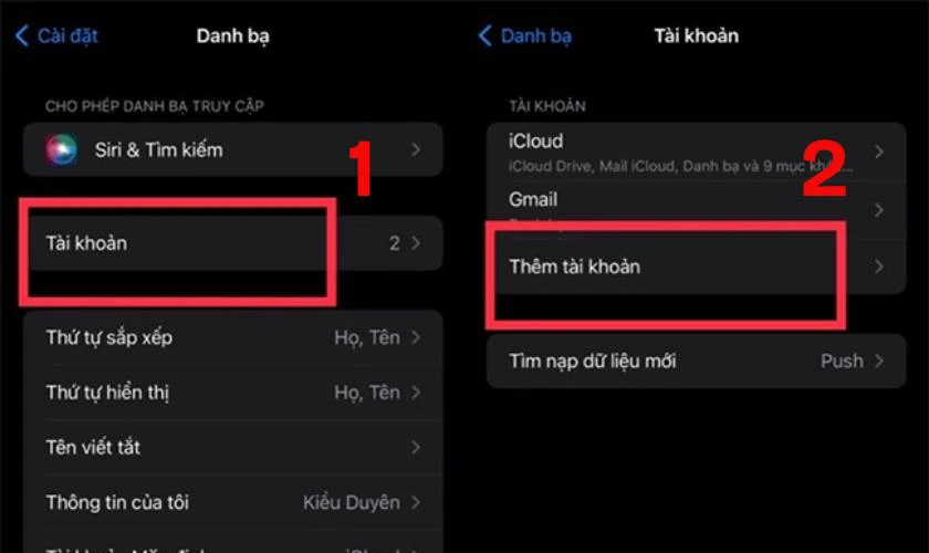 Tiếp tục bạn hãy chọn Tài khoản rồi nhấn vào Thêm tài khoản