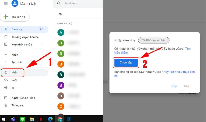 Chọn Nhập và chọn tệp có danh bạ iCloud của bạn